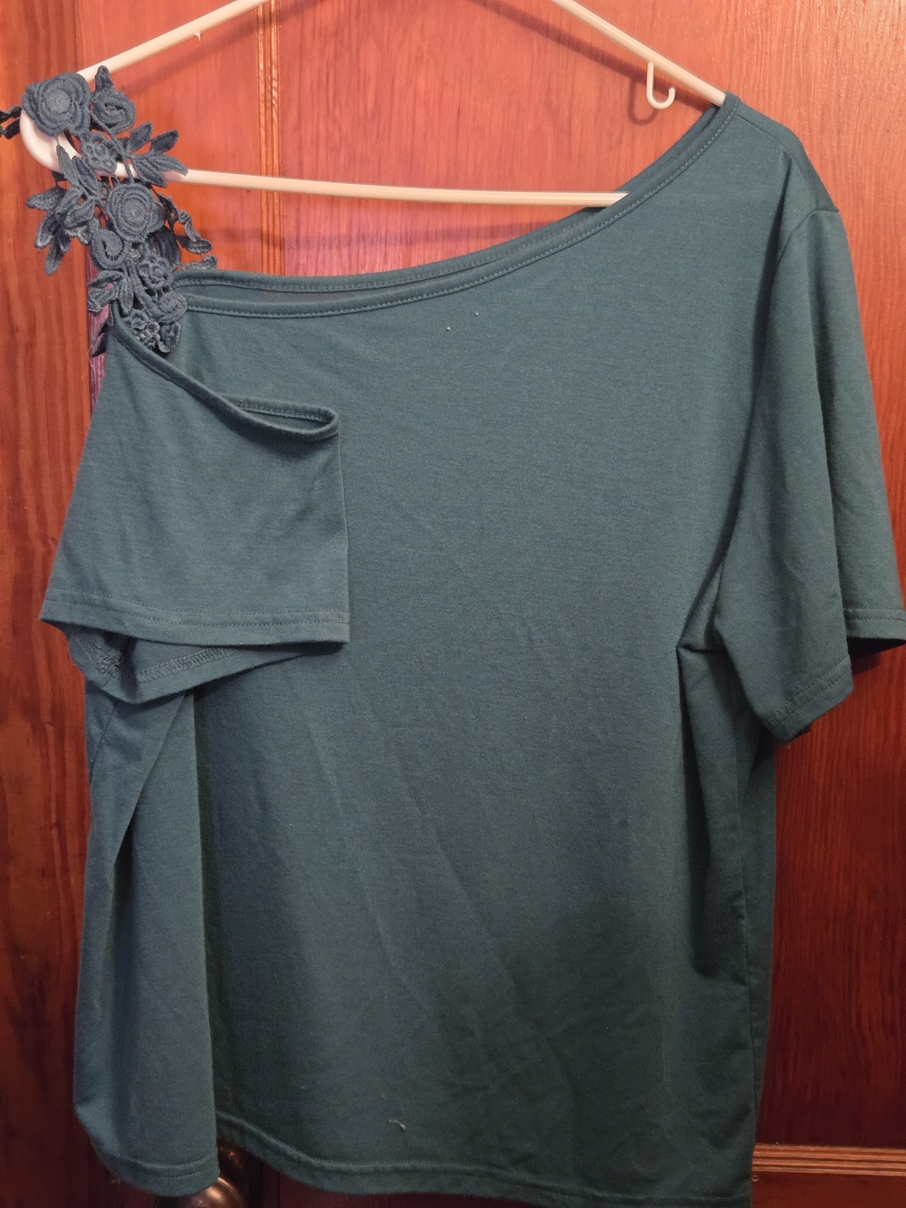 One-Shoulder Teal Blouse with Floral Lace Strap